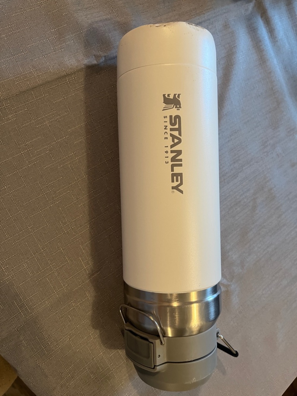 Stanley White and Stainless Steel Travel Vacuum Bottle